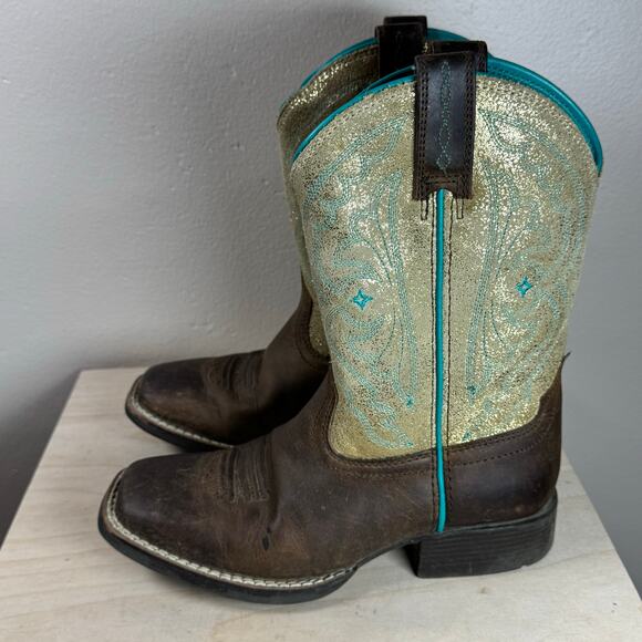 Girl Ariat 10014121 TALL BUCKAROO BRN SUEDE CROSS SQUARE TOE COWBOY Boots size 2 - Picture 3 of 9